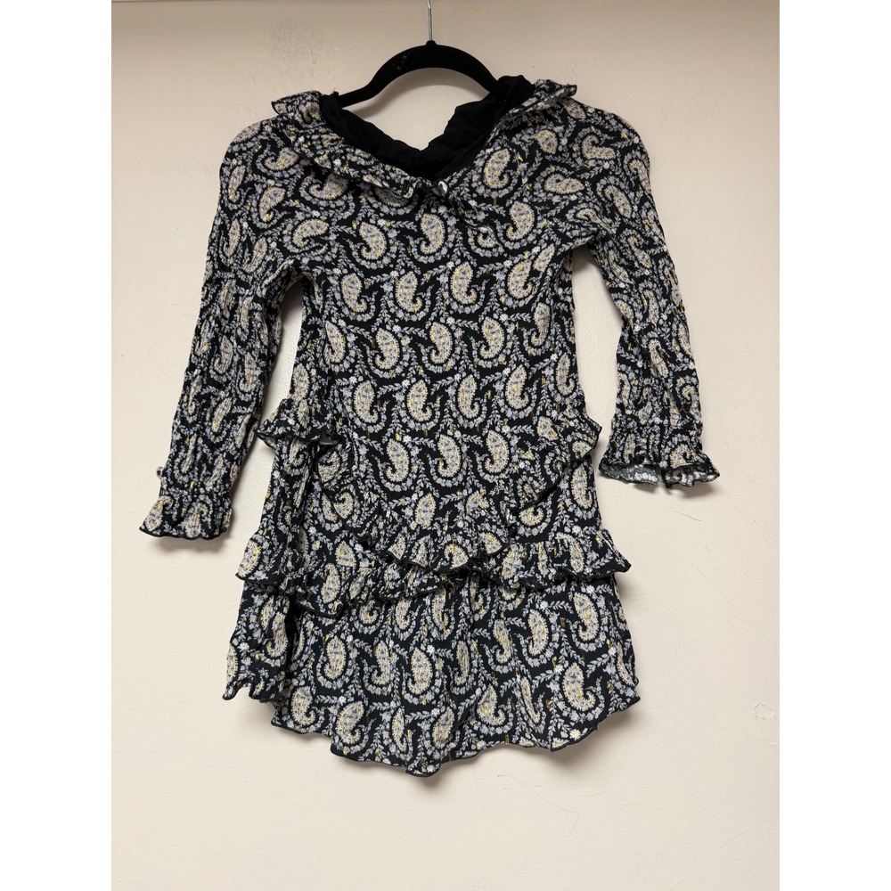 Zara Girls Paisley Ruffle Tiered Dress Size 8‎ Long Sleeve Black Gold